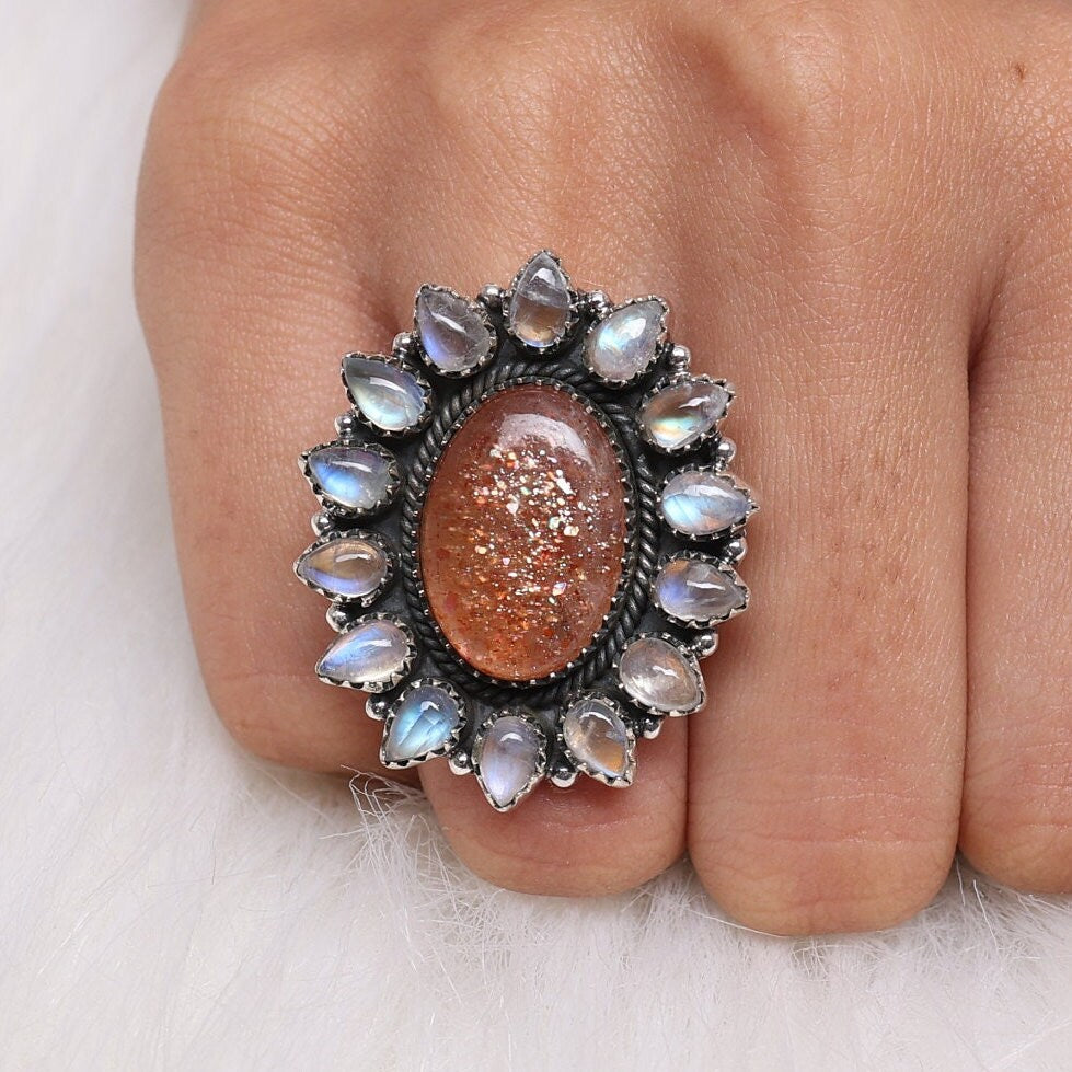 Sunstone & Rainbow Moonstone Sterling Silver Ring