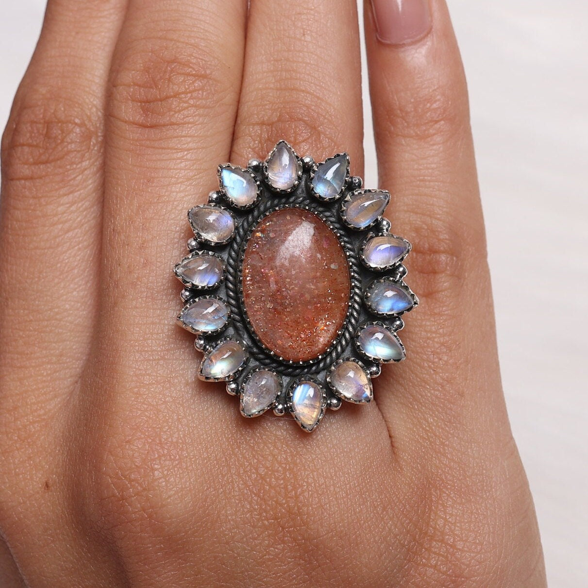 Sunstone & Rainbow Moonstone Sterling Silver Ring