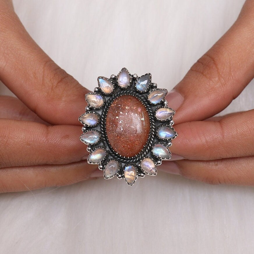 Sunstone & Rainbow Moonstone Sterling Silver Ring