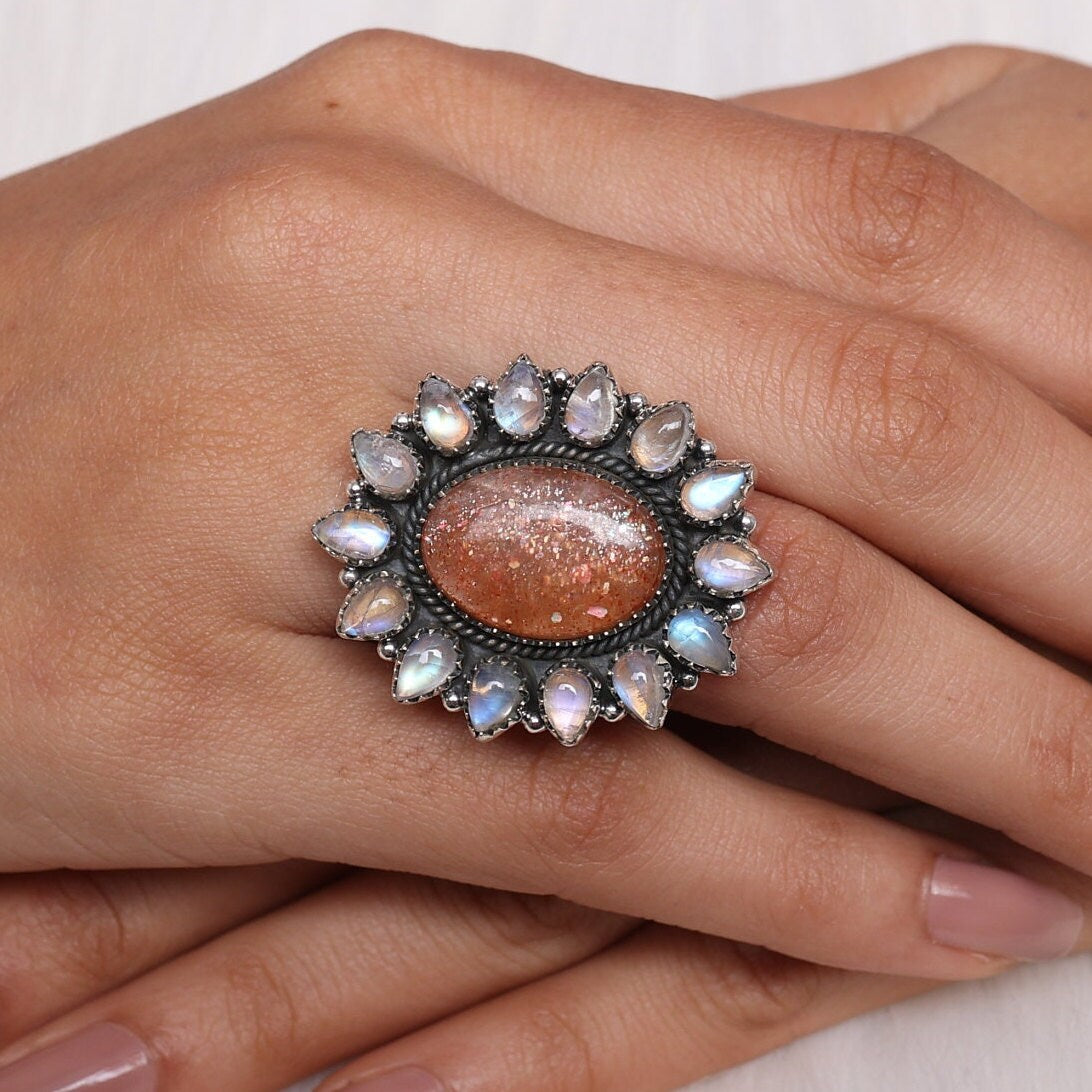 Sunstone & Rainbow Moonstone Sterling Silver Ring