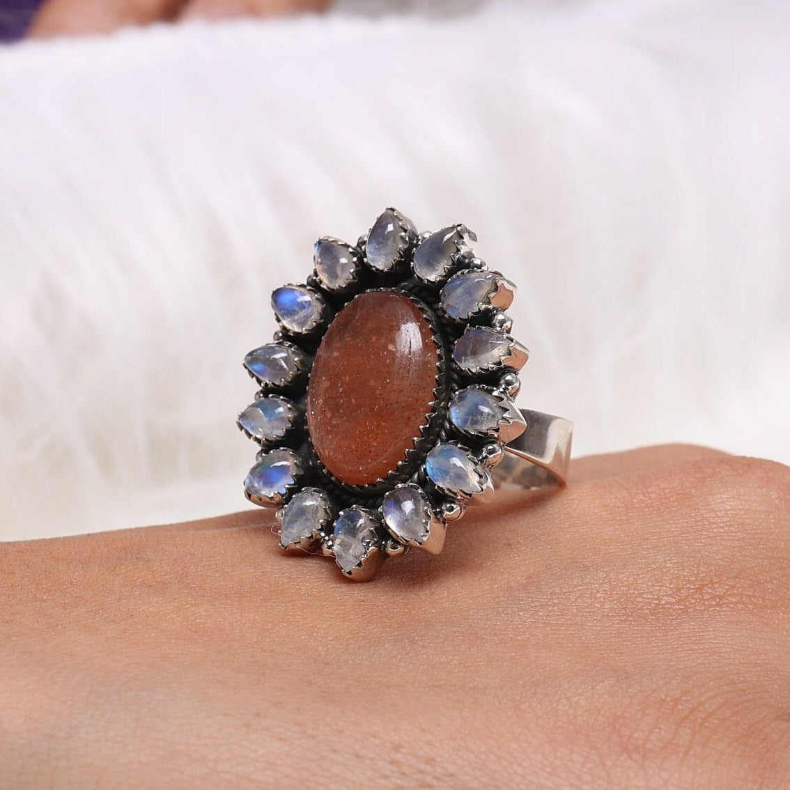 Sunstone & Rainbow Moonstone Sterling Silver Ring