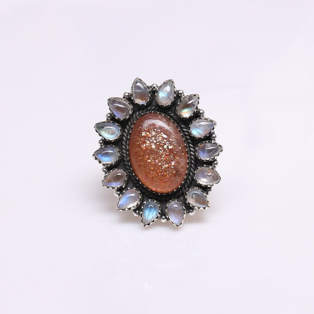 Sunstone & Rainbow Moonstone Sterling Silver Ring