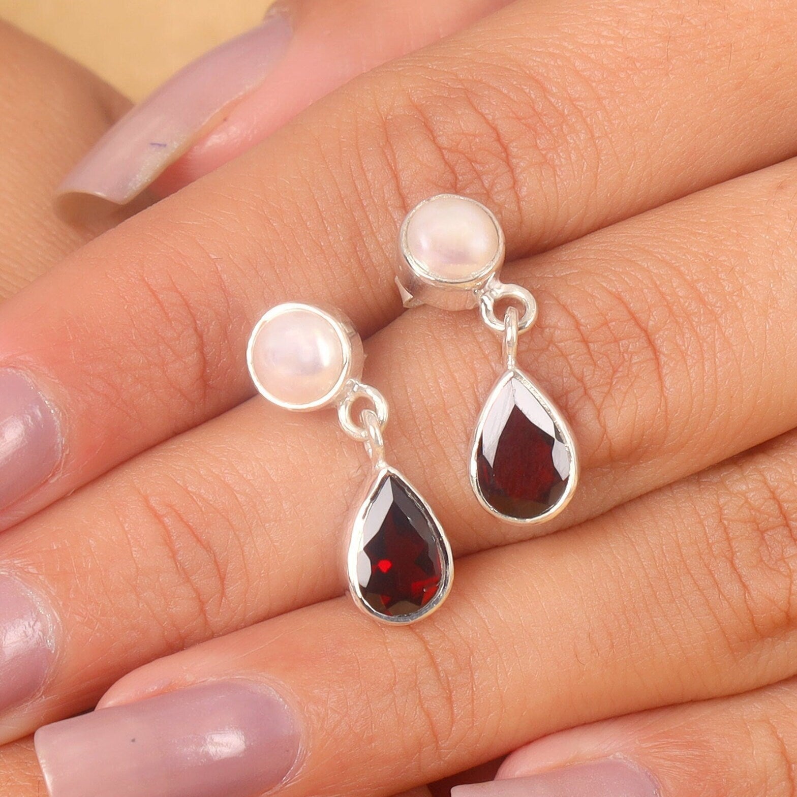 Garnet & Pearl Sterling Silver Earrings