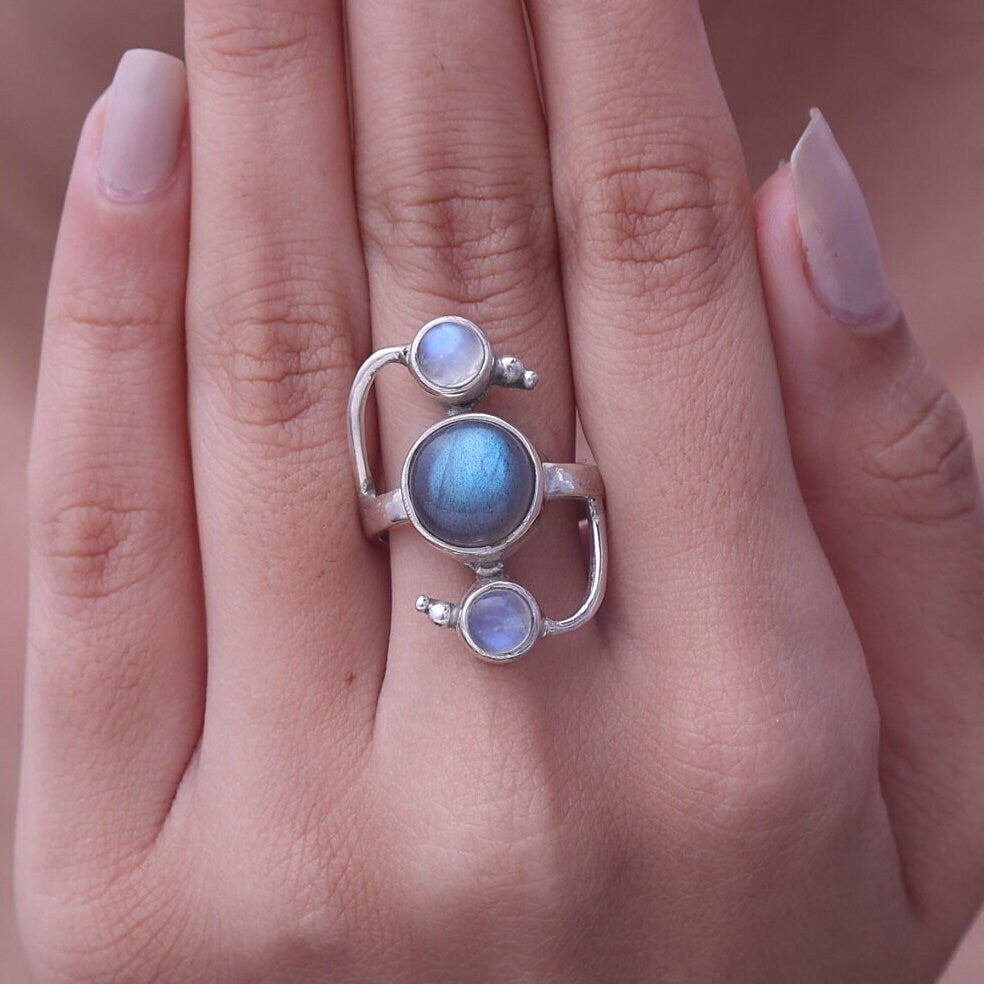 Rainbow Moonstone & Labradorite Sterling Silver Ring