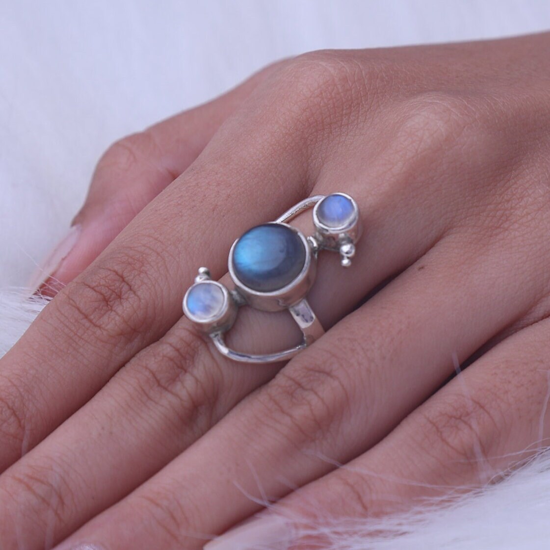 Rainbow Moonstone & Labradorite Sterling Silver Ring