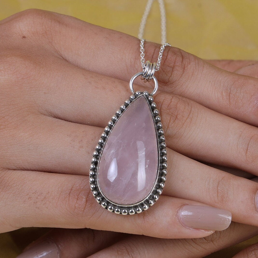 Rose Quartz Pendant, 925 Sterling Silver Pendant, Pear Shaped Pendant, Women Silver Necklace, January Birthstone, Pink Gemstone Necklace