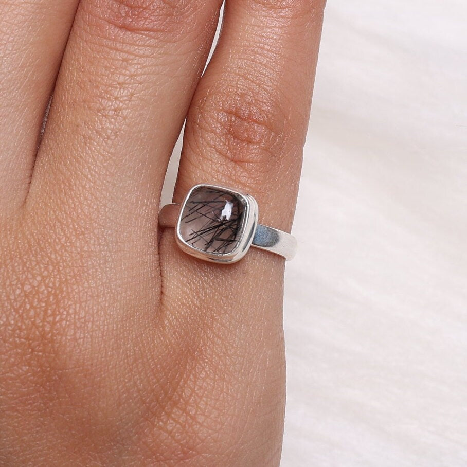 Black Rutile Quartz 925 Sterling Silver Ring