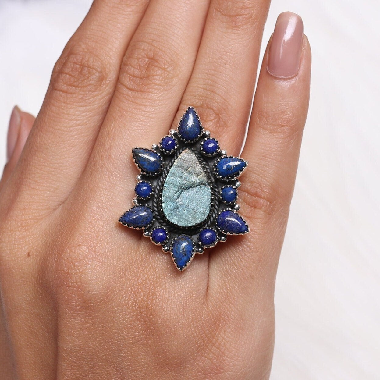 Raw Labradorite & Lapis Lazuli Sterling Silver Ring