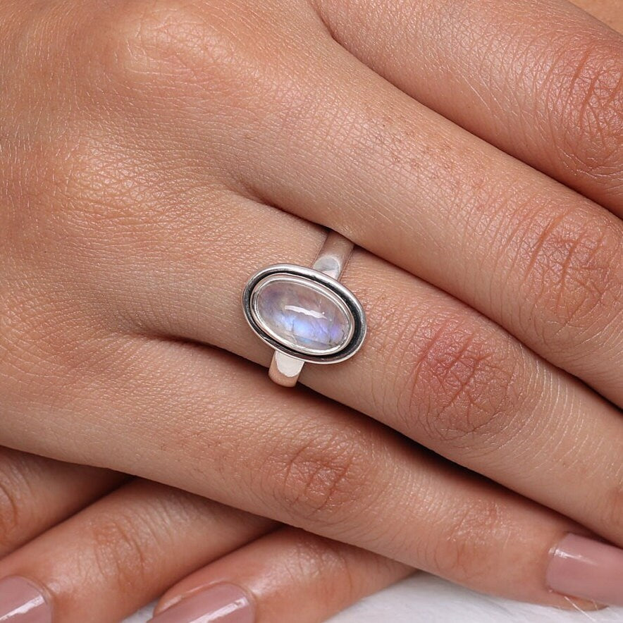 Rainbow Moonstone Sterling Silver Ring