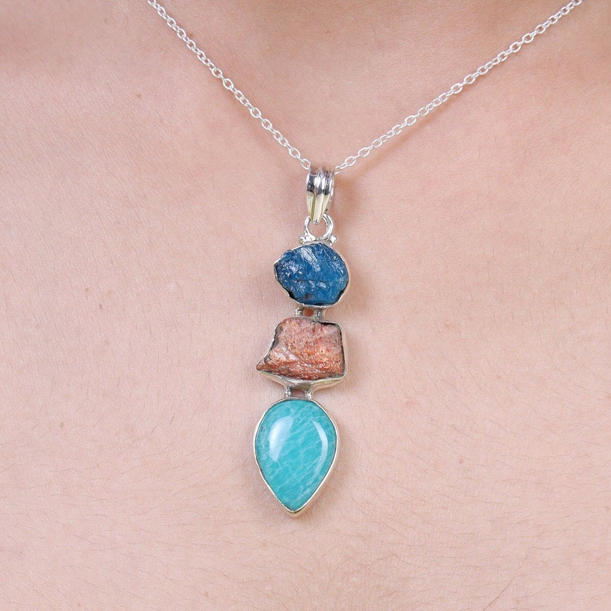 Amazonite, Raw Sunstone & Raw Apatite Sterling Silver Pendant