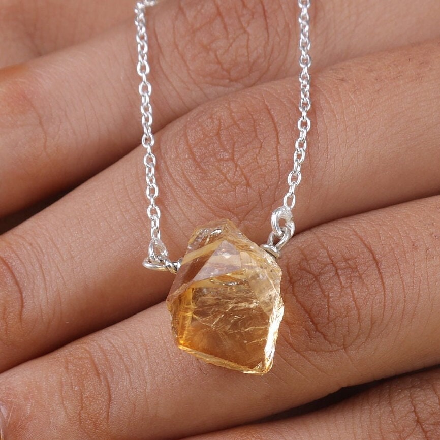 Raw Citrine Pendant, 925 Sterling Silver Necklace, Rough Gemstone Pendant, Minimalist Necklace, Pendant With Chain, Handmade Jewelry Pendant