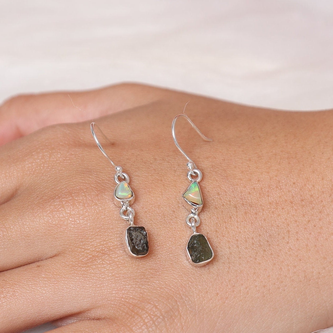 Moldavite & Ethiopian Opal Sterling Silver Earrings