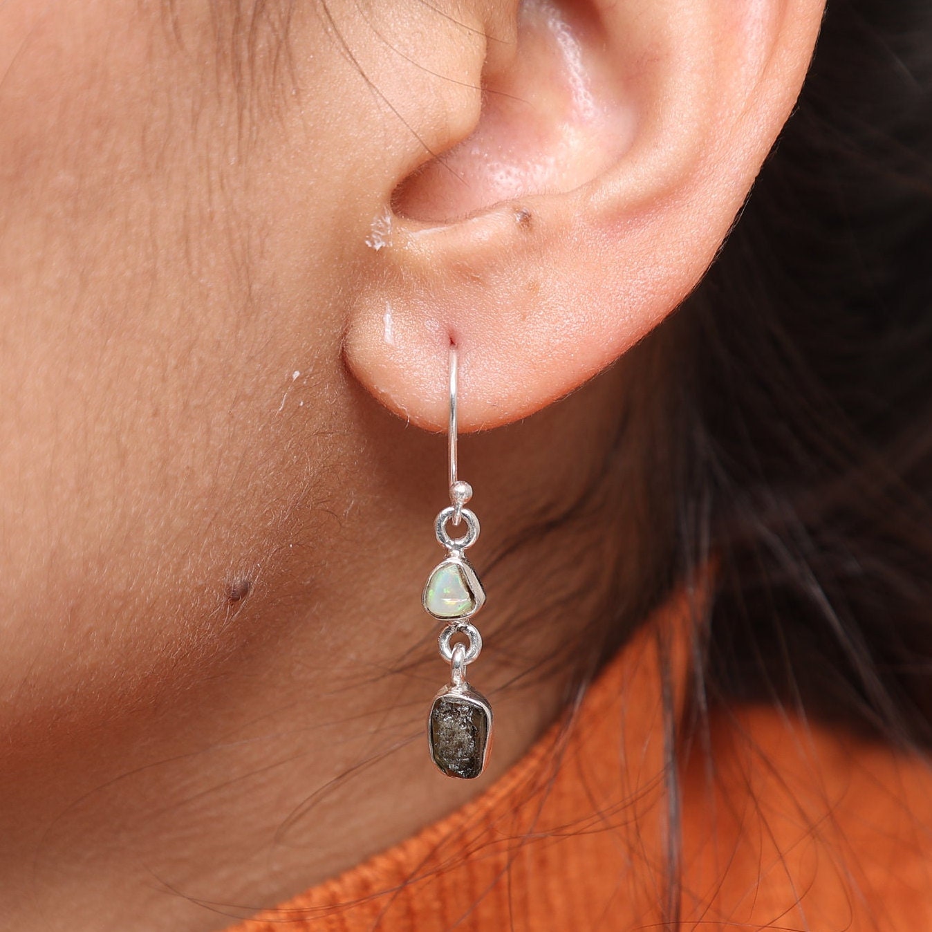 Moldavite & Ethiopian Opal Sterling Silver Earrings