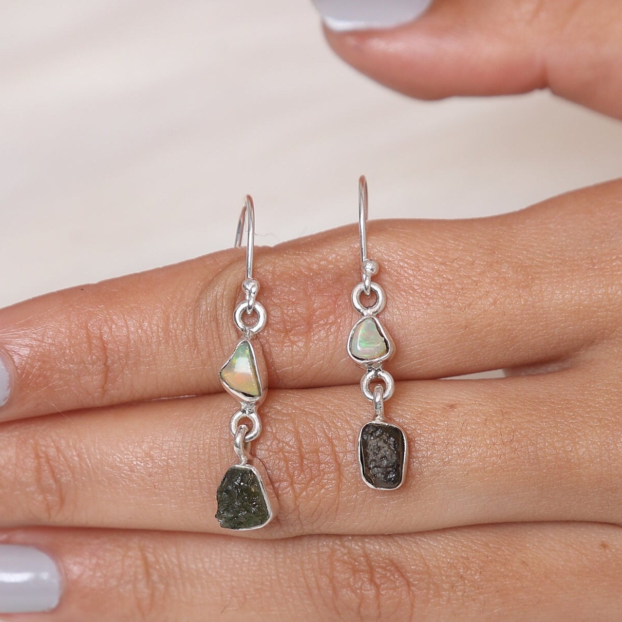 Moldavite & Ethiopian Opal Sterling Silver Earrings