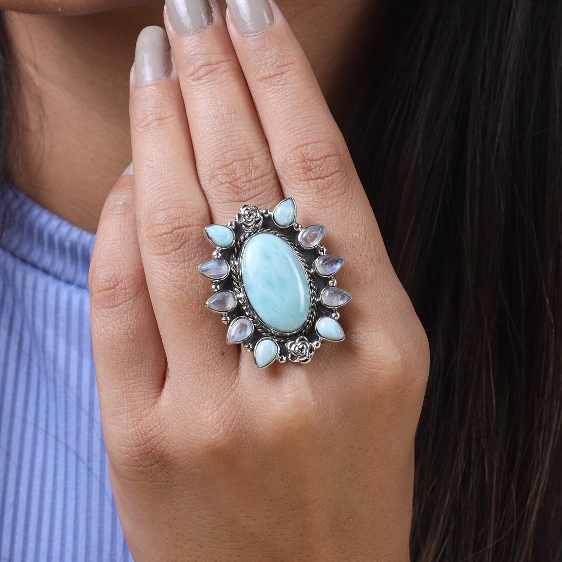 Dominican Larimar & Rainbow Moonstone Sterling Silver Ring