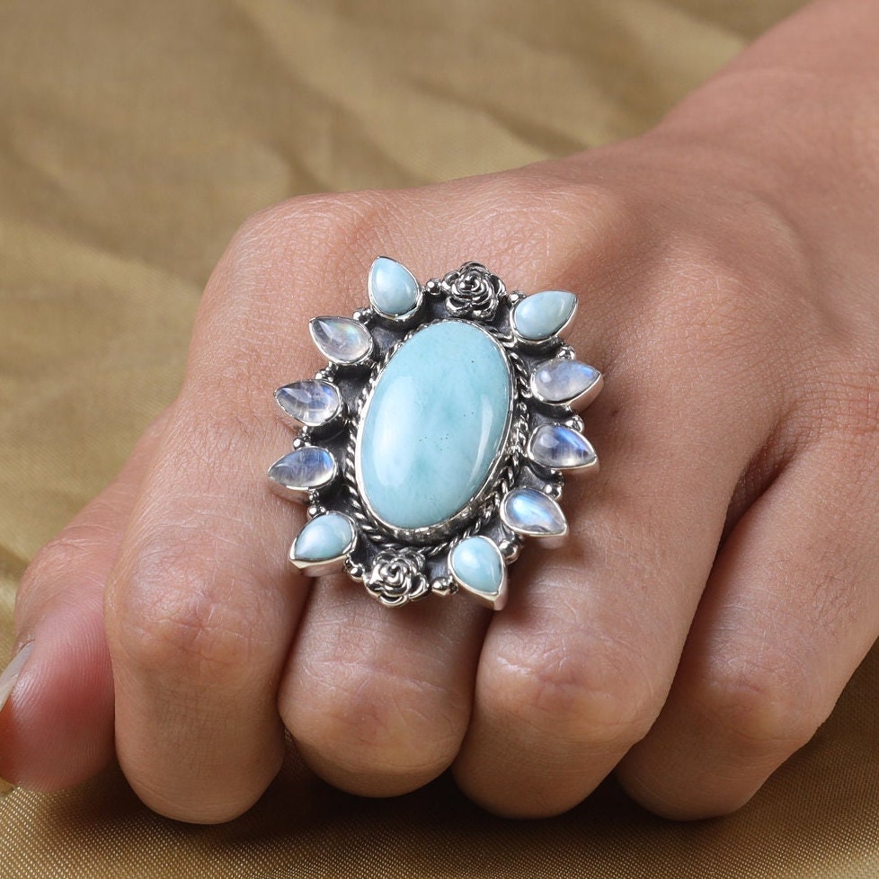 Dominican Larimar & Rainbow Moonstone Sterling Silver Ring