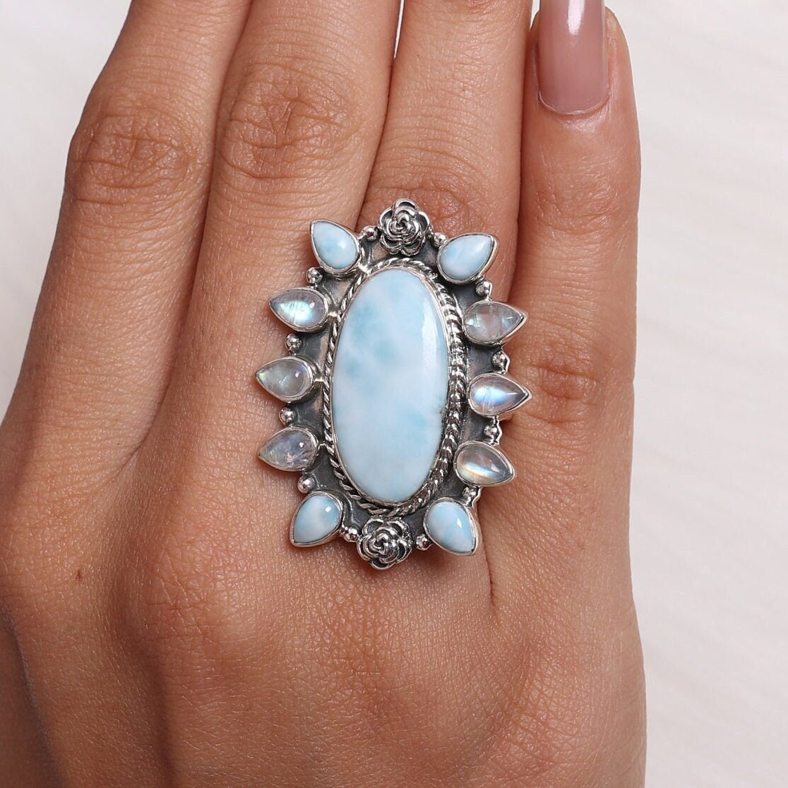 Larimar & Rainbow Moonstone Sterling Silver Ring