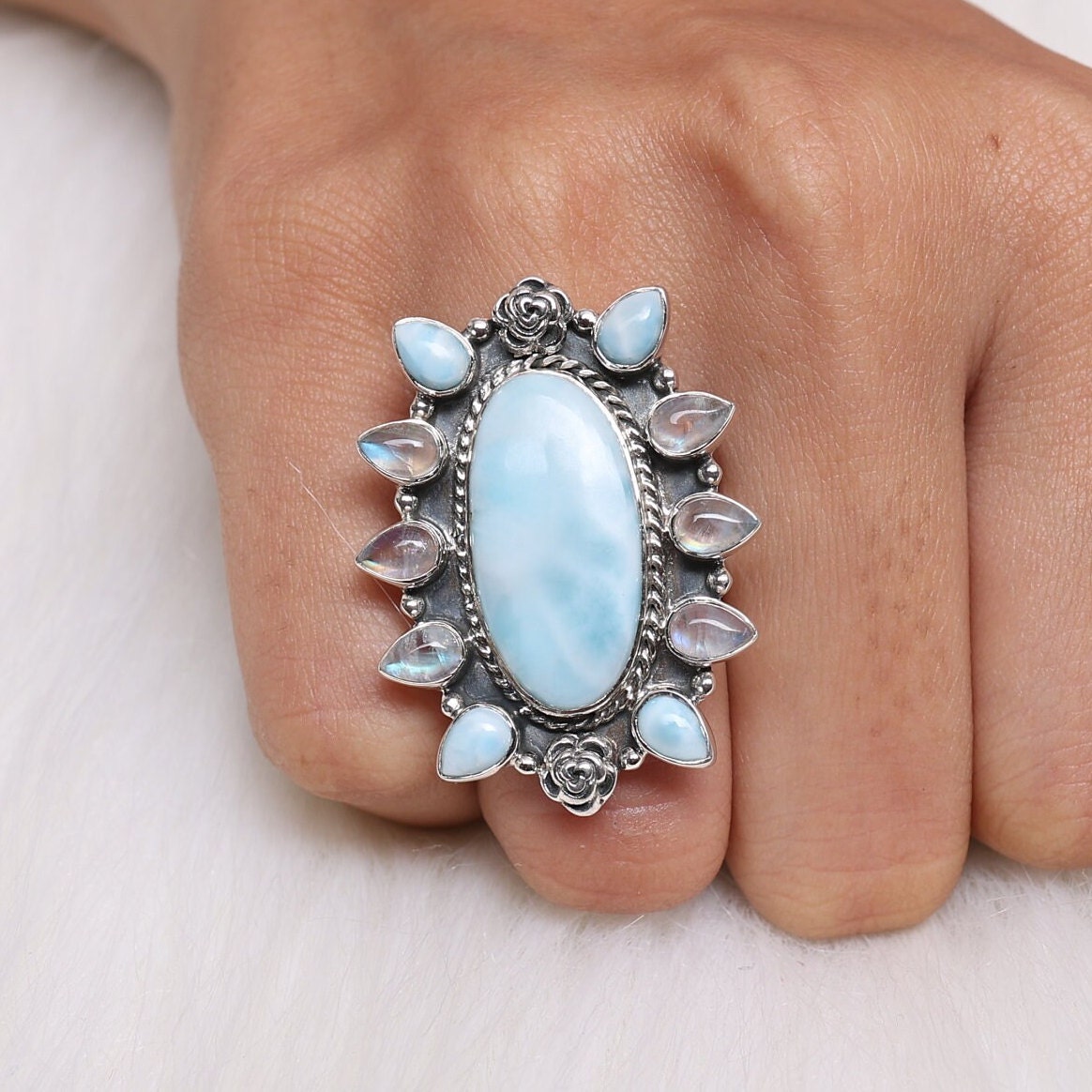 Larimar & Rainbow Moonstone Sterling Silver Ring