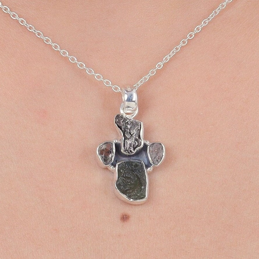 Moldavite, Meteorite & Herkimar Diamond Sterling Silver Pendant