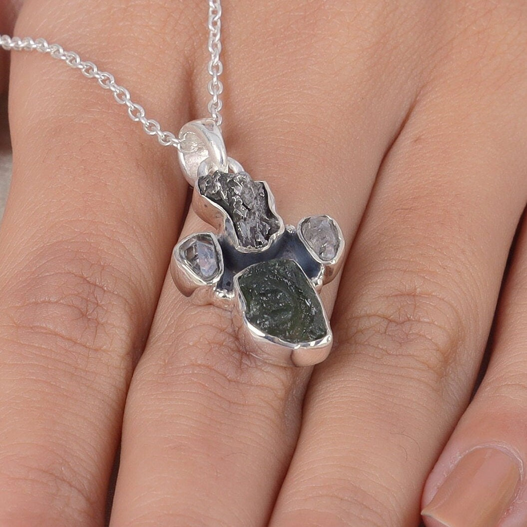 Moldavite, Meteorite & Herkimar Diamond Sterling Silver Pendant