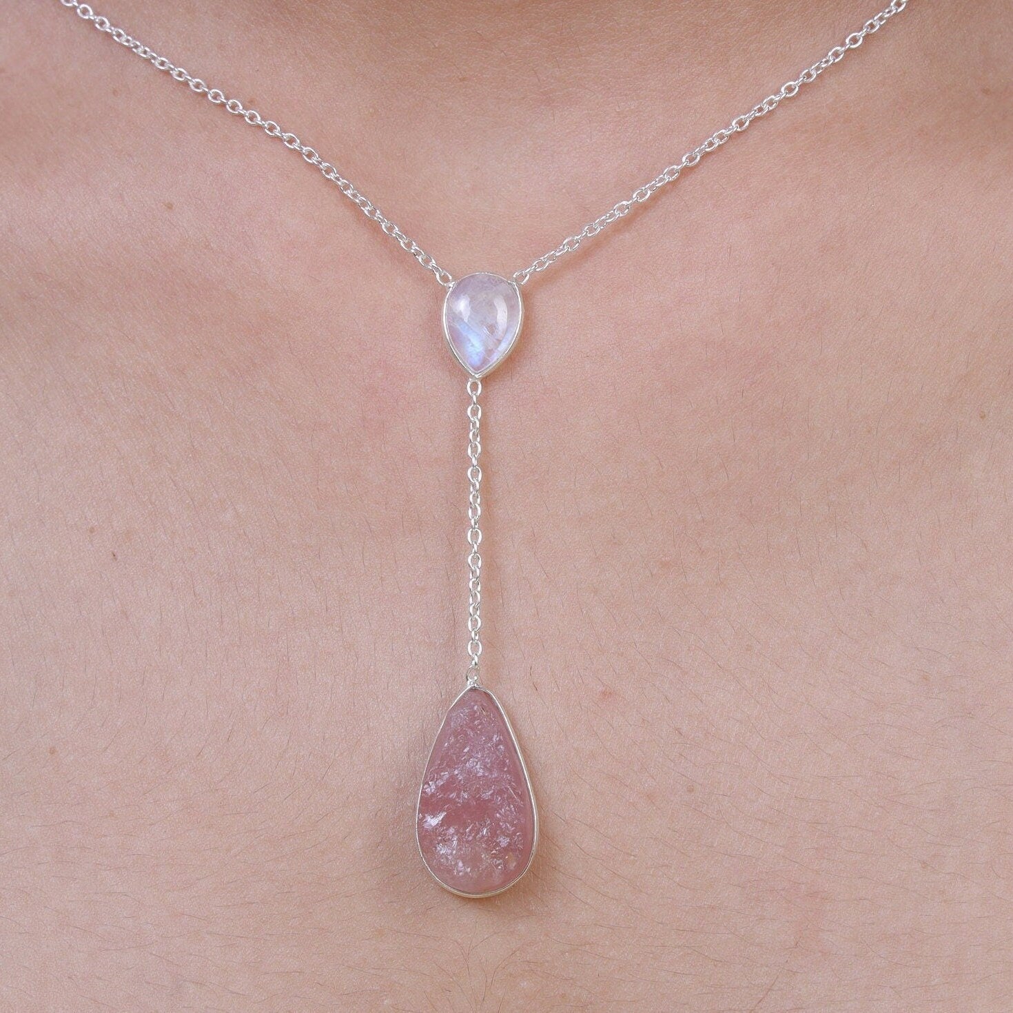 Raw Rose Quartz, Moonstone, Pendant Necklace, 925 Sterling Silver Pendant, Silver Drop Pendant, Pendant With Chain, Women Silver Jewellery