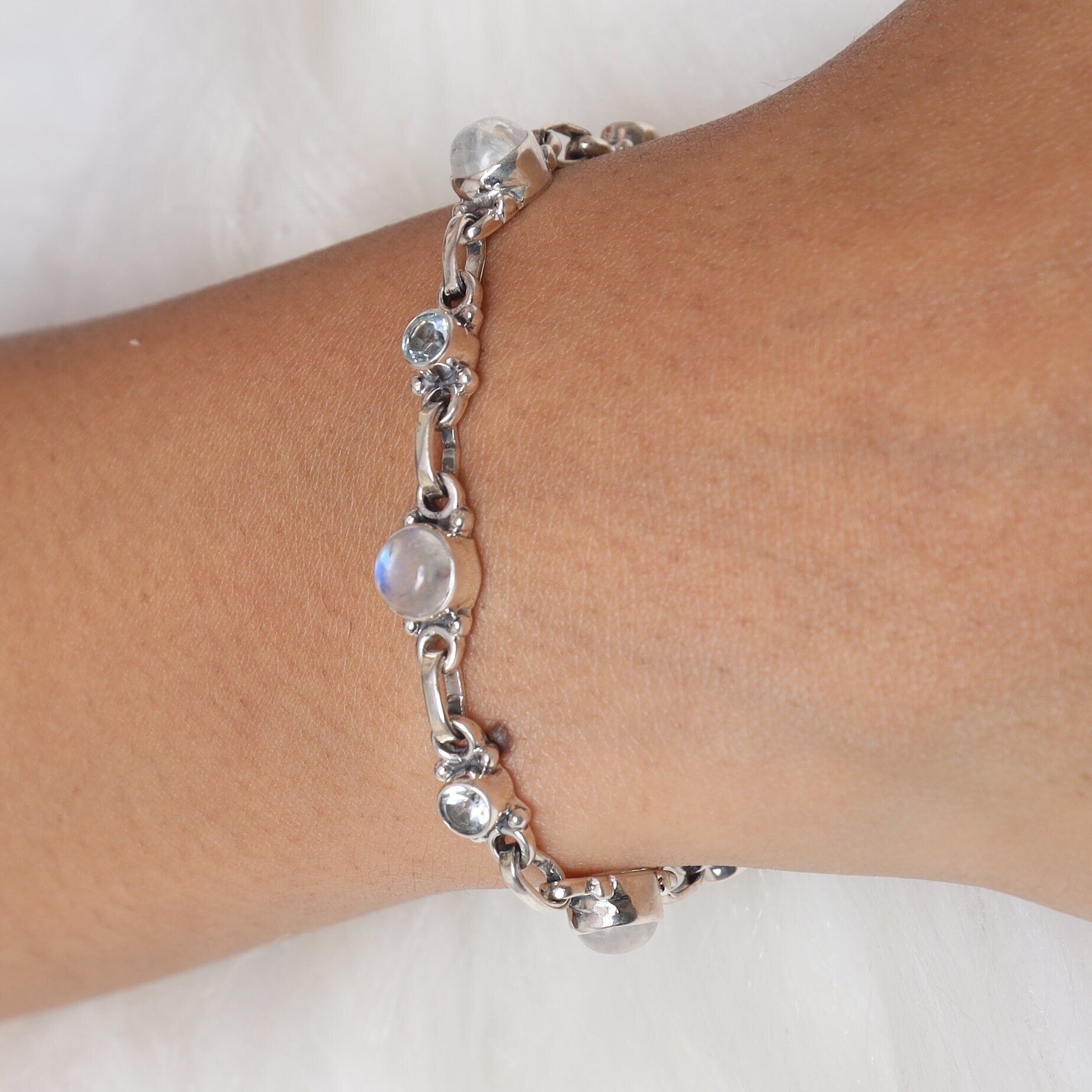 Rainbow Moonstone & Blue Topaz Sterling Silver Bracelet