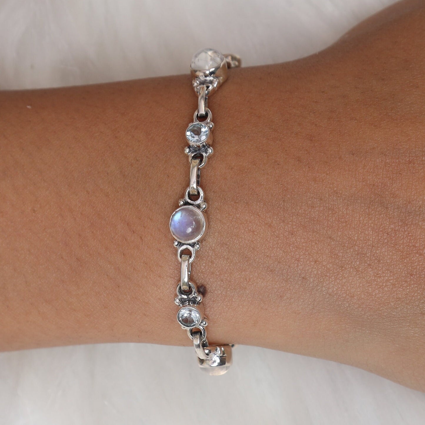 Rainbow Moonstone & Blue Topaz Sterling Silver Bracelet