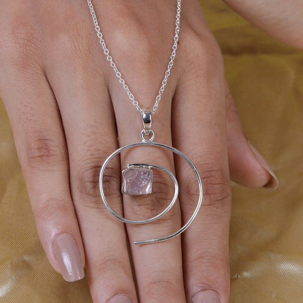 Raw Rose Quartz Pendant, 925 Sterling Silver Necklace, January Birthstone, Pink Gemstone Pendant, Spiral Shaped Necklace, Personalized Gifts