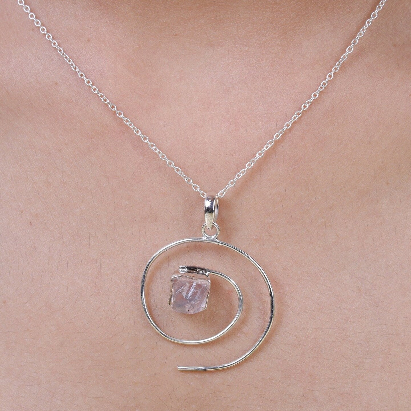 Raw Rose Quartz Pendant, 925 Sterling Silver Necklace, January Birthstone, Pink Gemstone Pendant, Spiral Shaped Necklace, Personalized Gifts