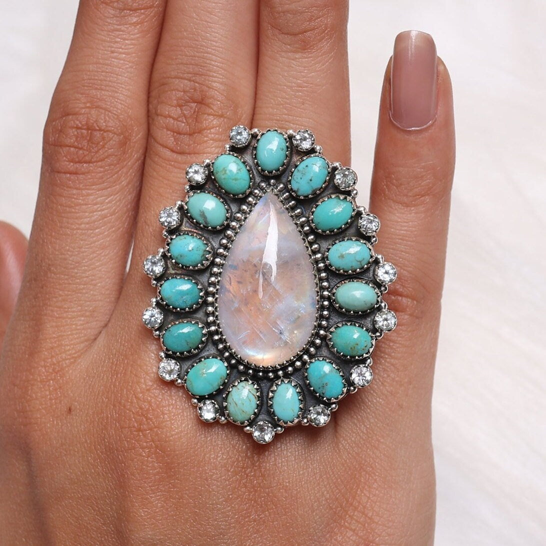 Rainbow Moonstone, Turquoise & Blue Topaz Sterling Silver Ring