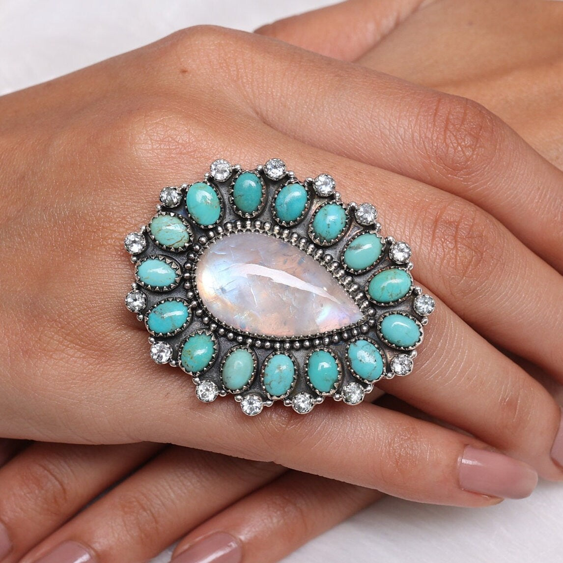 Rainbow Moonstone, Turquoise & Blue Topaz Sterling Silver Ring