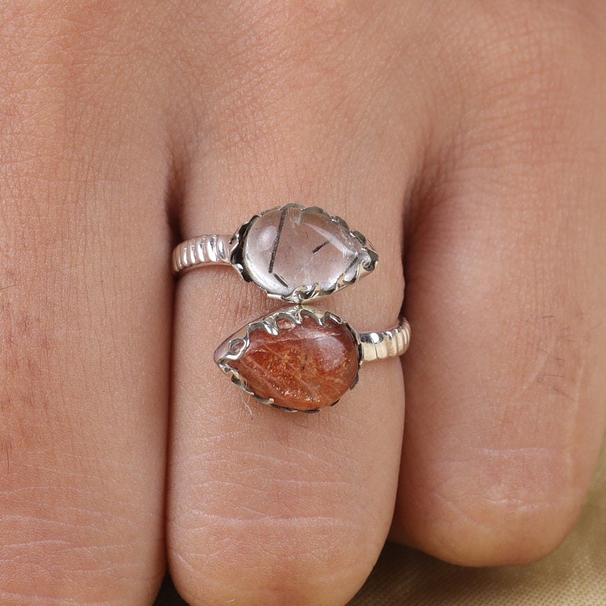 Sunstone & Black Rutile Quartz Sterling Silver Ring