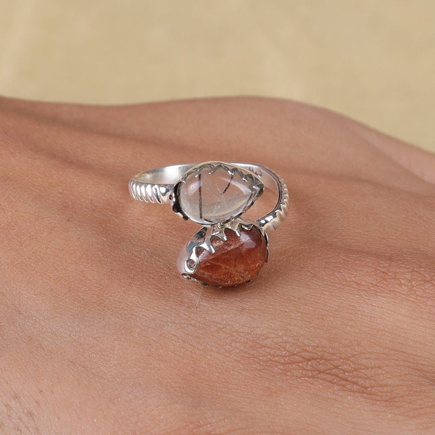 Sunstone & Black Rutile Quartz Sterling Silver Ring