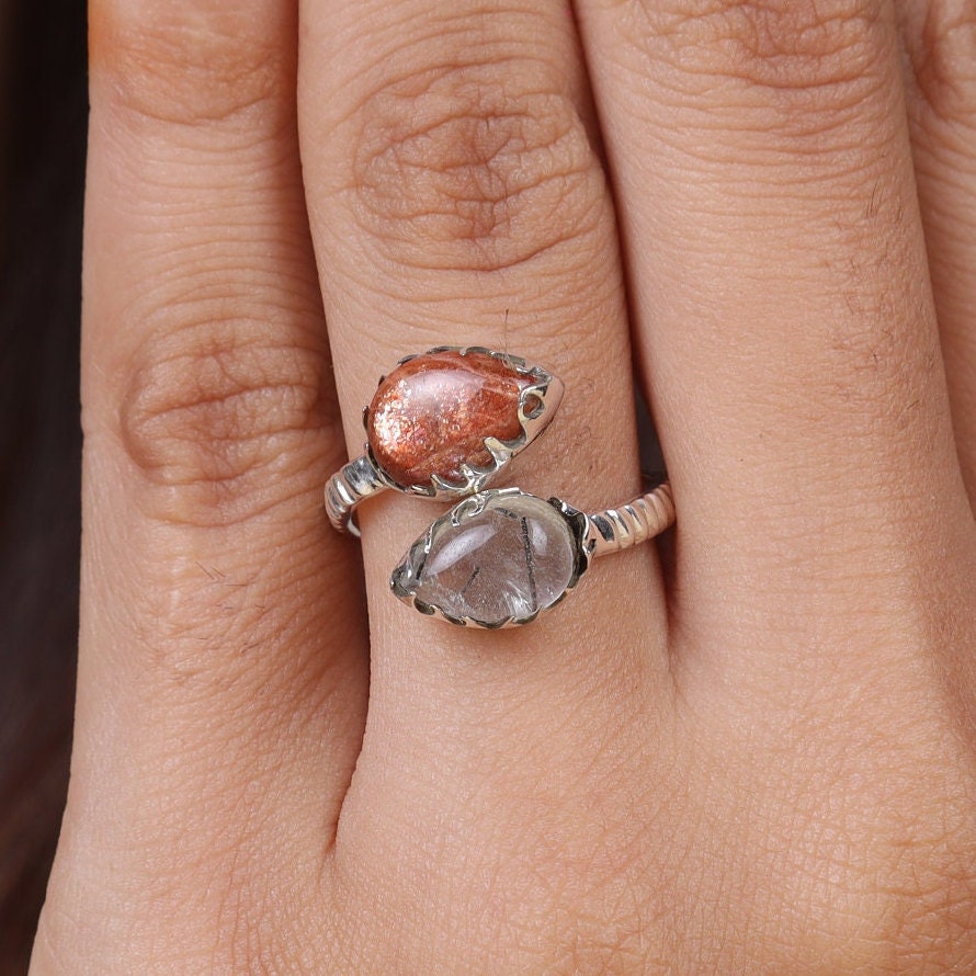 Sunstone & Black Rutile Quartz Sterling Silver Ring