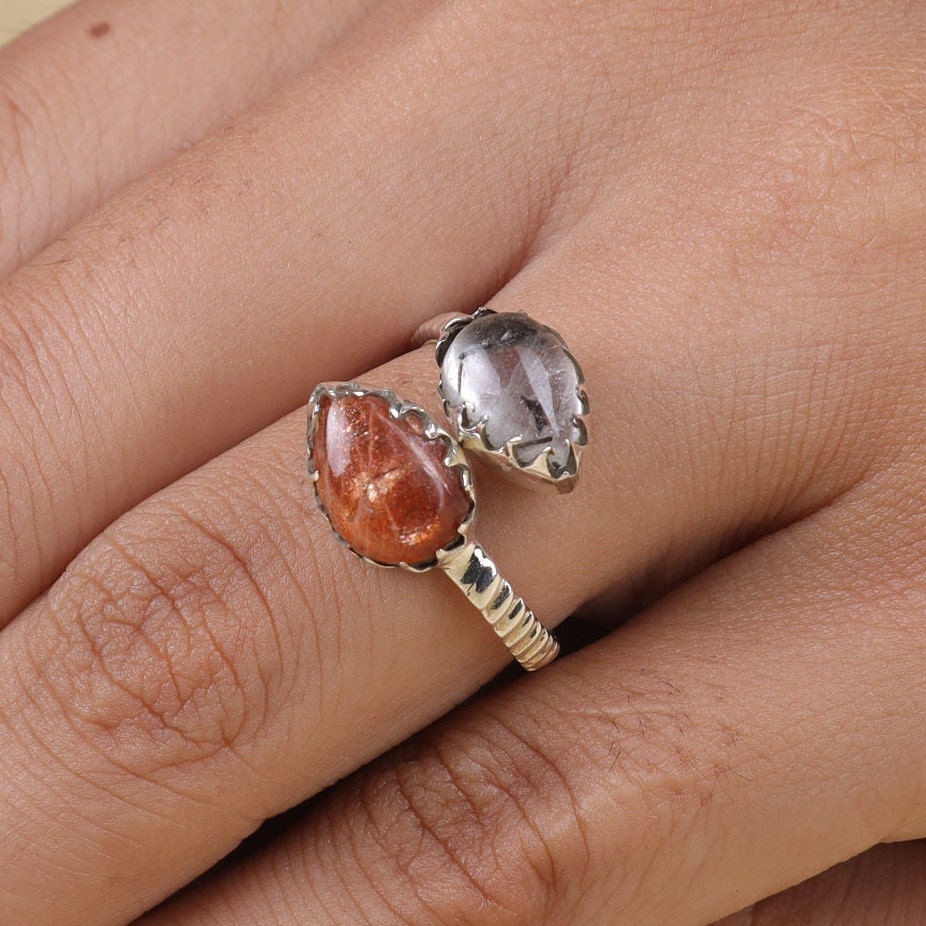 Sunstone & Black Rutile Quartz Sterling Silver Ring