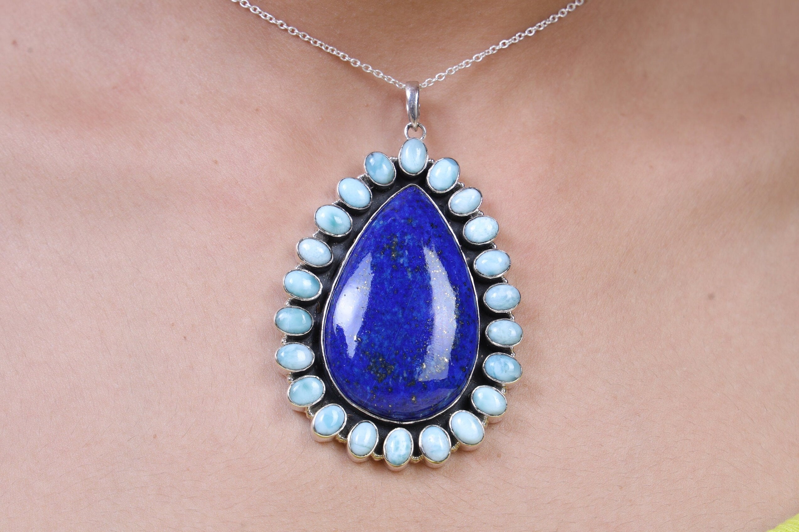 Dominican Larimar & Lapis Lazuli Sterling Silver Pendant