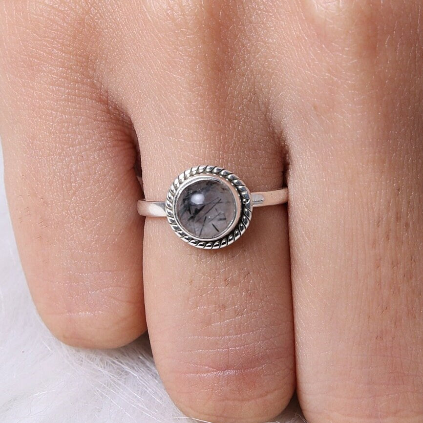 Black Rutile Quartz 925 Sterling Silver Ring