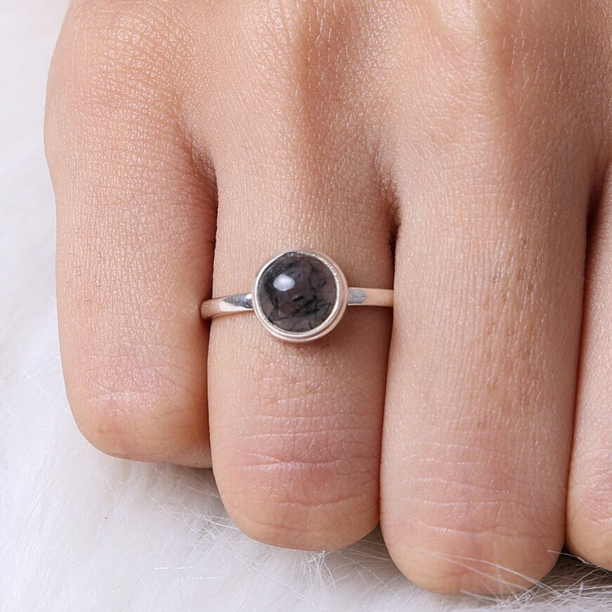 Black Rutile Quartz Sterling Silver Ring