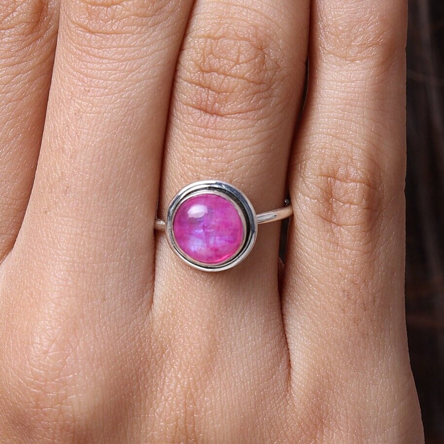 Pink Rainbow Moonstone Sterling Silver Ring