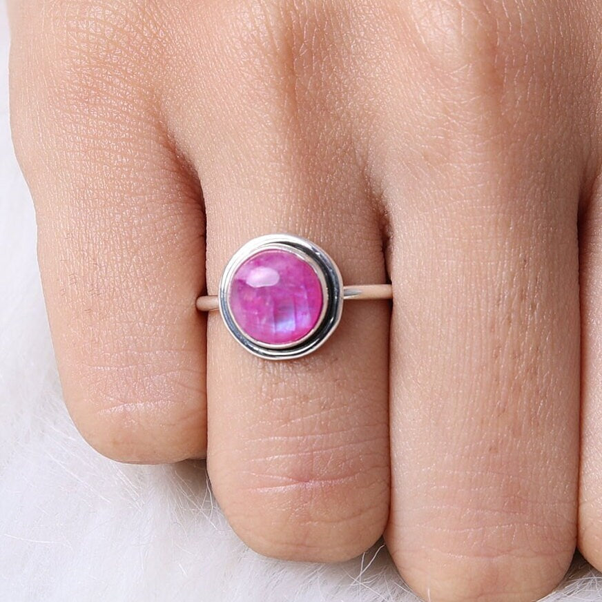 Pink Rainbow Moonstone Sterling Silver Ring