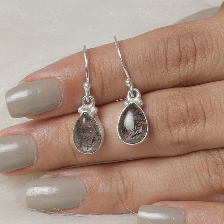 Black Rutile Quartz Sterling Silver Earrings