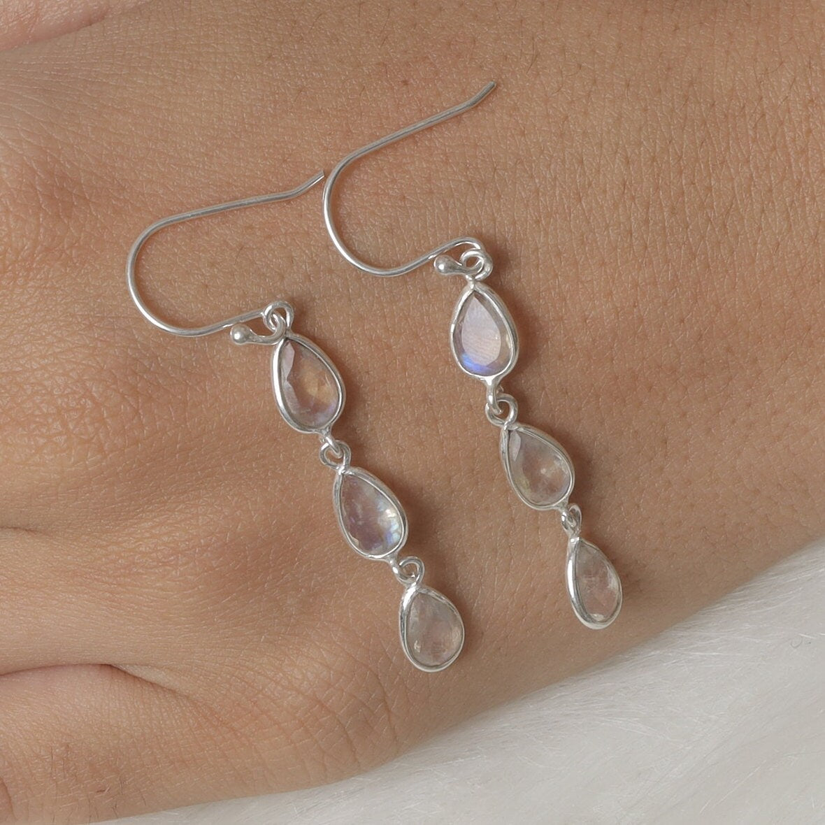 Rainbow Moonstone Sterling Silver Earrings