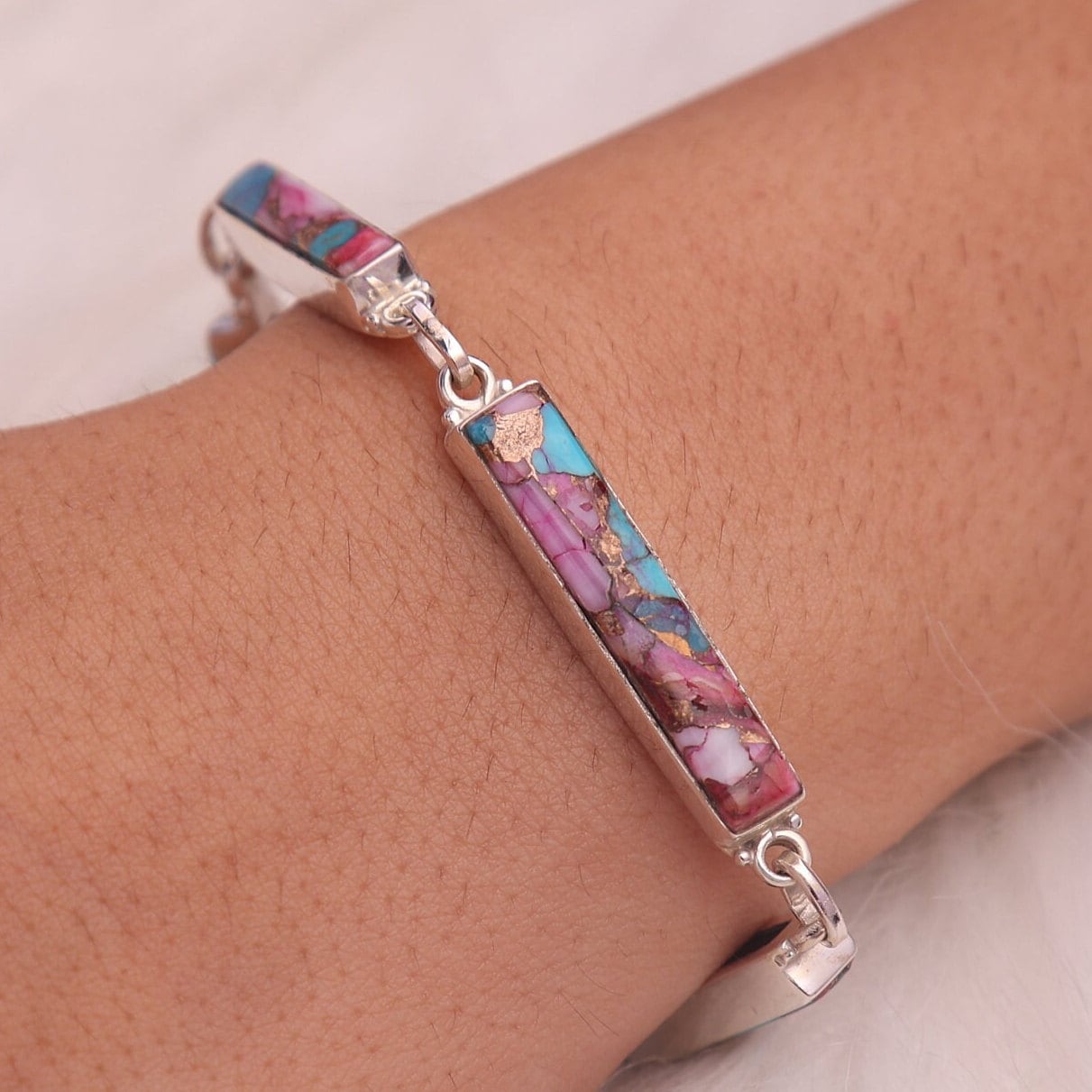 Pink Turquoise Sterling Silver Bracelet