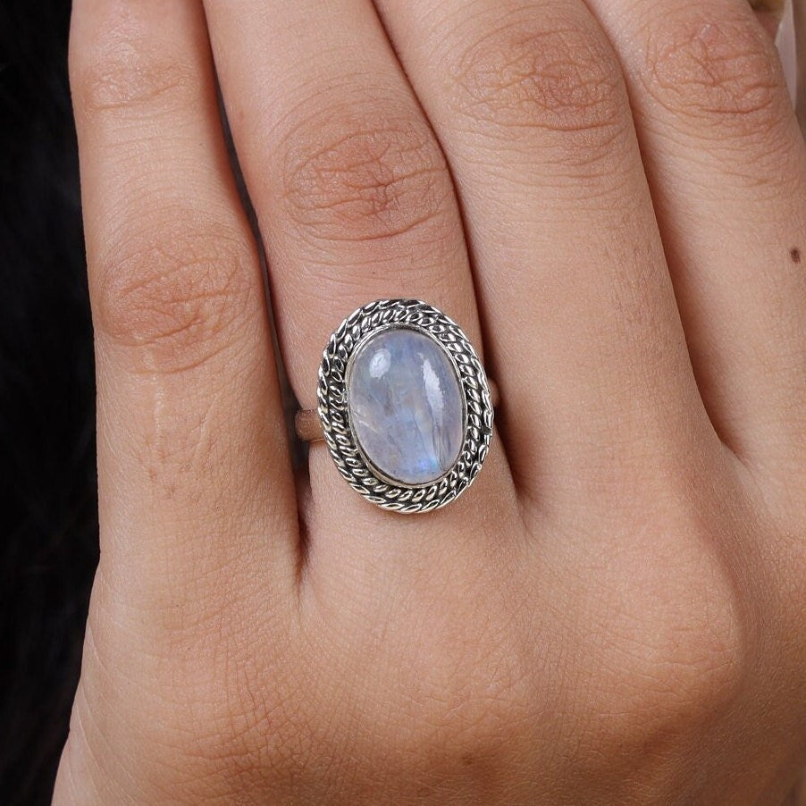 Rainbow Moonstone Sterling Silver Ring