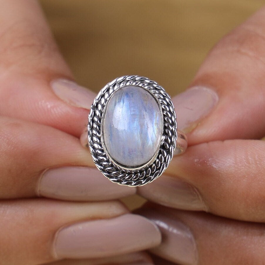 Rainbow Moonstone Sterling Silver Ring