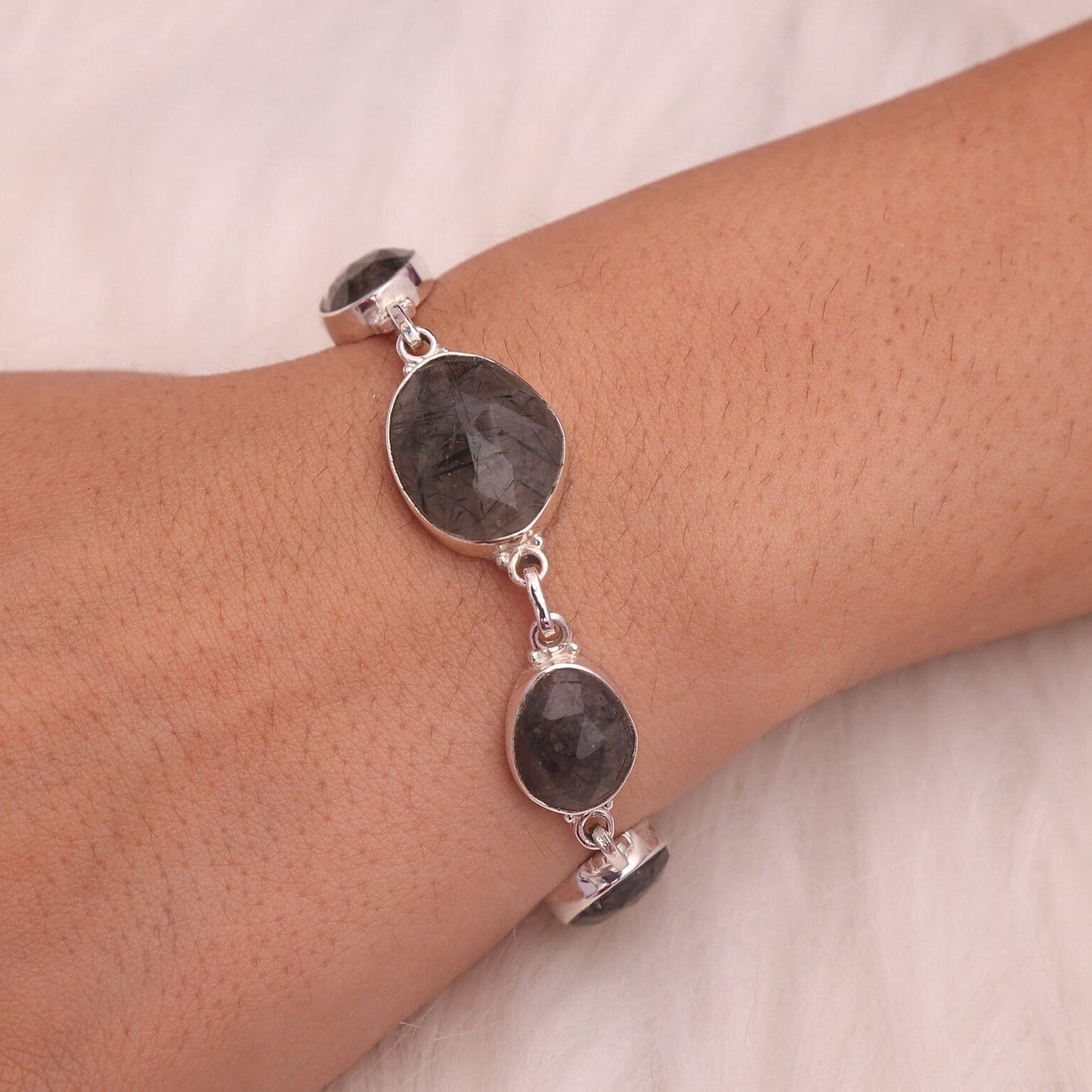 Black Rutile Quartz Sterling Silver Bracelet