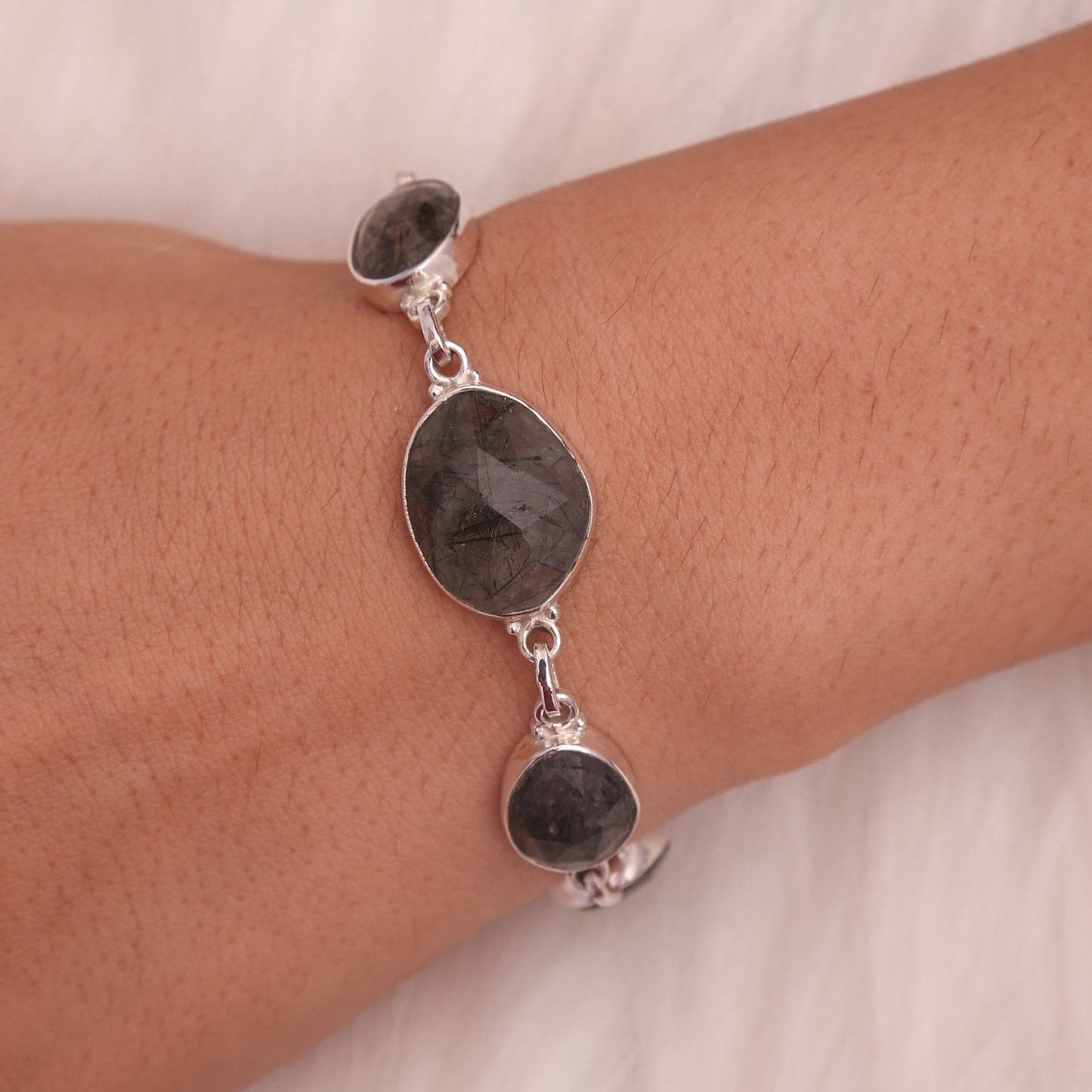 Black Rutile Quartz Sterling Silver Bracelet