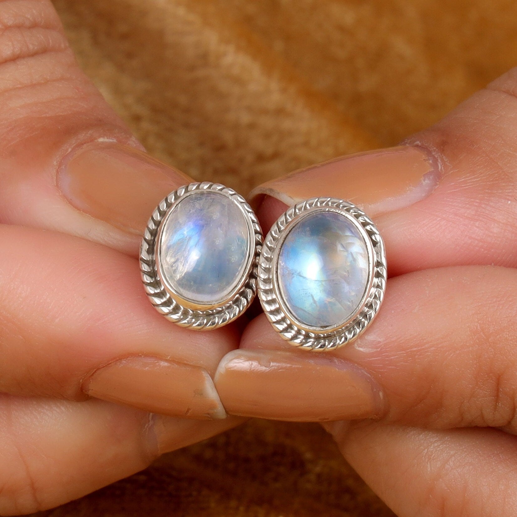 Rainbow Moonstone Sterling Silver Stud Earrings