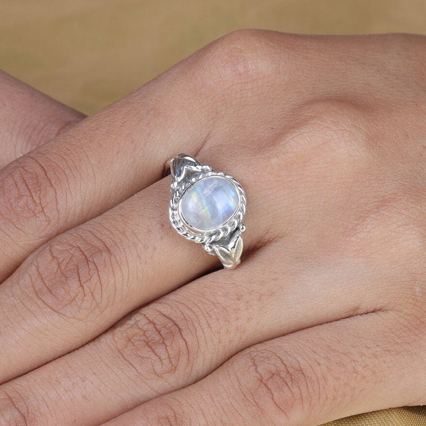 Rainbow Moonstone Sterling Silver Ring