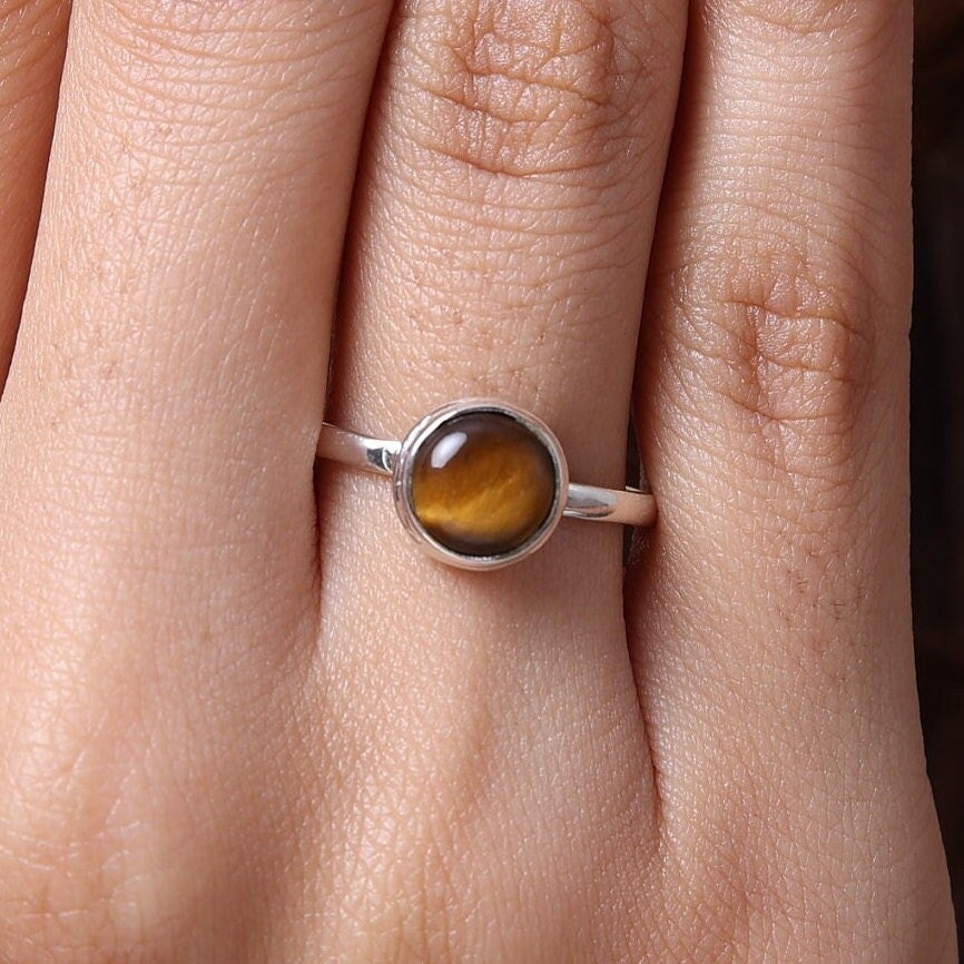 Tiger Eye Ring, 925 Sterling Silver Ring, Round Gemstone Ring, Women Silver Ring, Minimalist Jewelry, Every Day Ring, Boho Handmade Ring